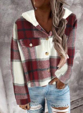 Women's Shirts Hooded Casual Long-sleeved Plaid Color Block Shirt