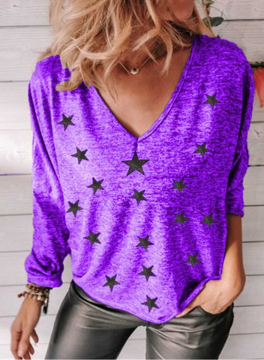 Women's T-shirts Star Print Long Sleeve V Neck Daily T-shirt