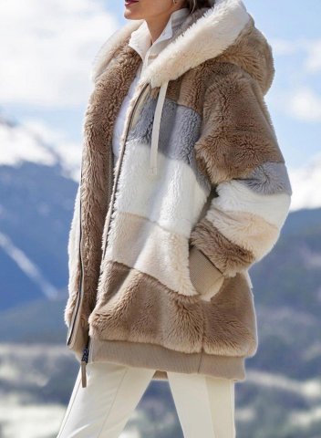 Women's Coats Fur Hooded Long Sleeve Solid Zipper Color Block Casual Coats