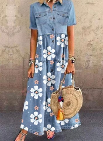 Women's Maxi Dresses Florall Short Sleeve Turn Down Collar Fit & Flare Casual Maxi Dress