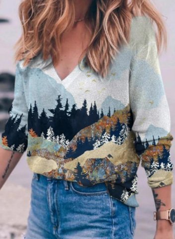 Women's Mountain Landscape Treetop Printed Sweatshirt Casual Landscape Color Block V Neck Long Sleeve Daily T-shirts