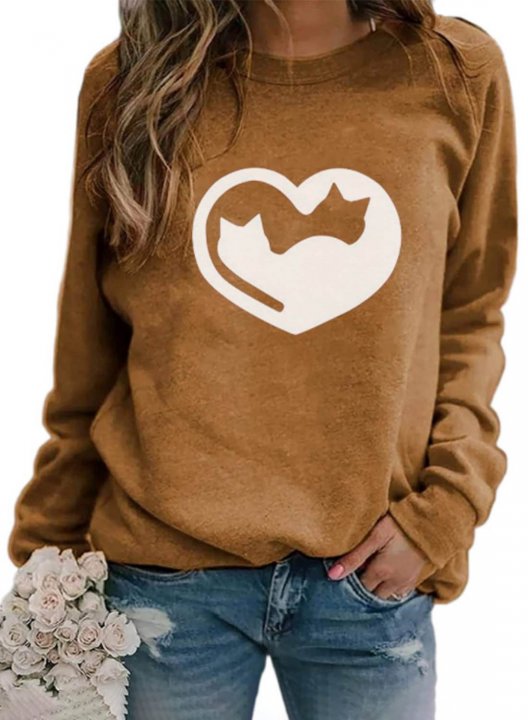 Women's Sweatshirts Heart-shaped Solid Long Sleeve Round Neck Casual Sweatshirt