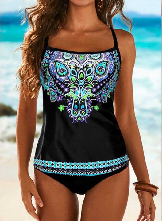 Women's Tankini Set Tribal Padded Mid Waist Square Neck Casual Tankini Set