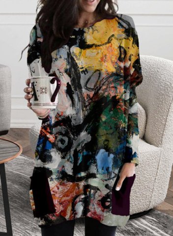 Women's Tie Dye Tunic Tops Multicolor Pocket Long Sleeve Round Neck Casual Vintage Tunic Top