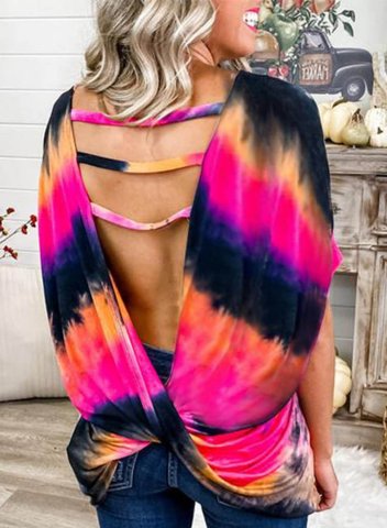 Women's Tunic Tops Color Block Multicolor Open-back Cut-out Round Neck Long Sleeve Casual Vacation Tops