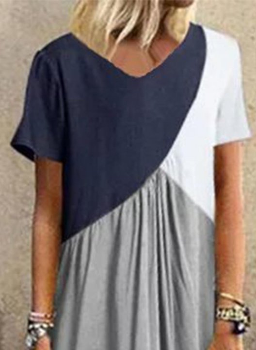 Women's Maxi Dresses Color Block Short Sleeve A-line V Neck Casual Daily Maxi Dress