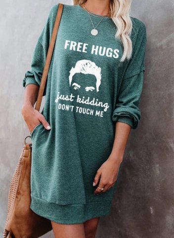 Women's Dress Free Hugs Just Kidding Don't Touch Me Casual Pocket Solid Round Neck Long Sleeve Dress