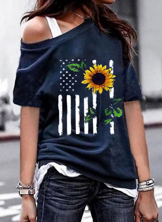Women's T-shirts Sunflower American Flag Cold Shoulder T-shirt