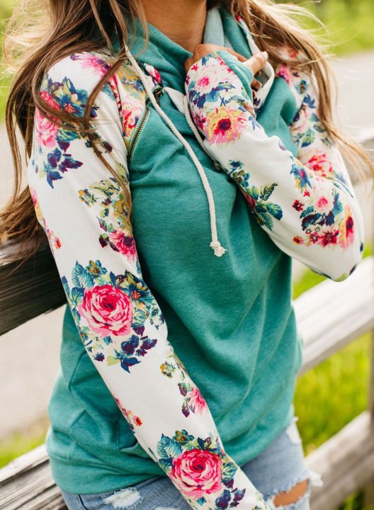 Women's Cowl Neck Hooded Floral Pocketed Sweatshirt