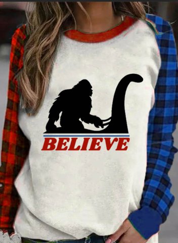 Women's T-shirts Plaid Funny Believe Bigfoot Color Block Round Neck Long Sleeve Daily Casual T-shirts