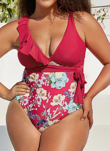 Women's Plus One-Piece Swimsuits One-Piece Bathing Suits Floral Ruffle Belt V Neck Casual Beach One-Piece Swimsuits One-Piece Bathing Suits