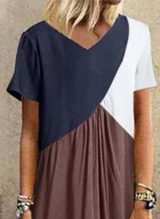 Women's Maxi Dresses Color Block Short Sleeve A-line V Neck Casual Daily Maxi Dress