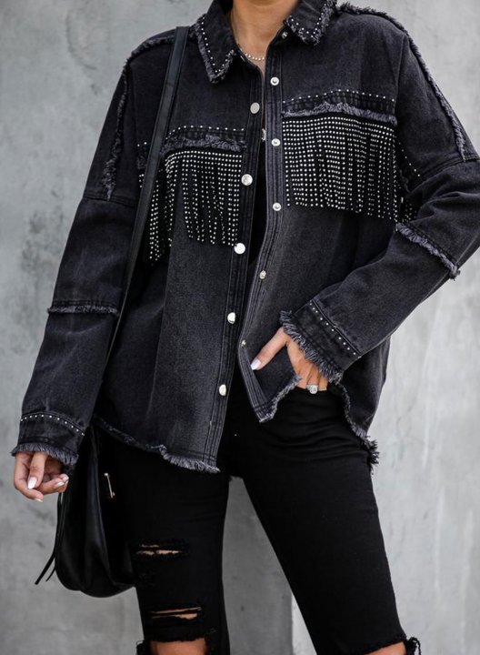 Women's Jackets Solid Long Sleeve Turn Down Collar Fringed Denim Jacket