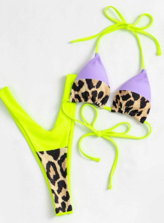 Women's Bikinis Color Block Leopard Knoted Halter Adjustable Bikini