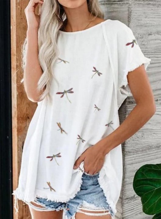 Women's Tunic Tops Casual Dragonfly Solid Round Neck Short Sleeve Daily T-shirts