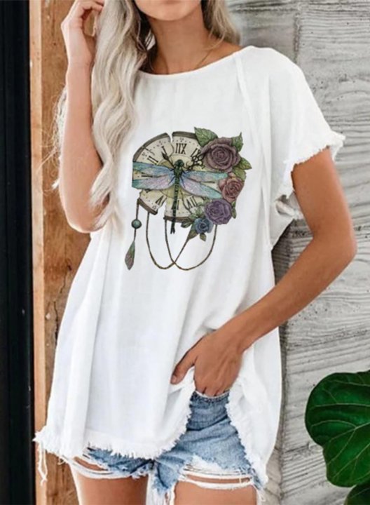 Women's Tunic Tops Casual Dragonfly Solid Round Neck Short Sleeve Daily T-shirts