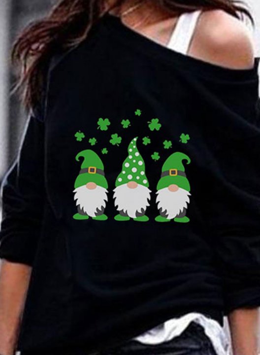 Women's Sweatshirt St Patrick's Day Gnome Print Long Sleeve Cold Shoulder Shirt