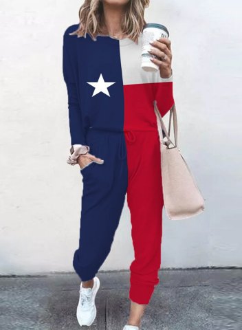 Women's Loungewear Sets Color Block Texas Flag Star Long Sleeve Round Neck Casual Loungewear Sets