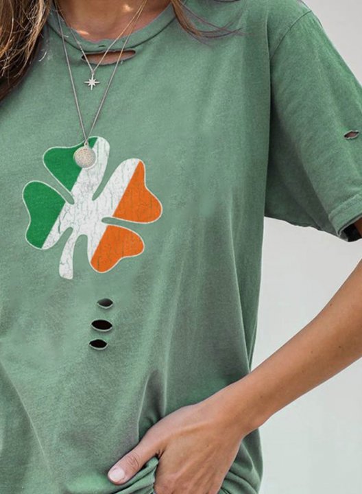 Women's St Patricks Day T-shirts Casual Letter Cut-out Solid Round Neck Short Sleeve Daily T-shirts