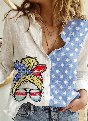 Women's Blouses American Flag Star Portrait Turn Down Collar Long Sleeve Cute Daily Blouses