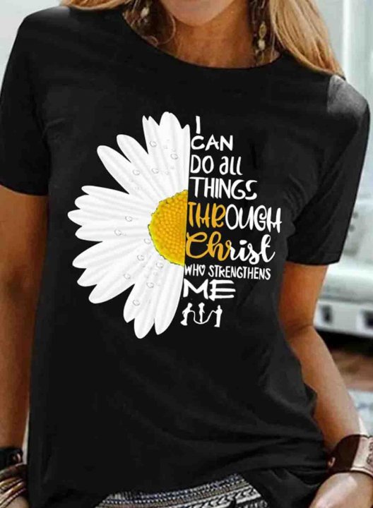 Women's T-shirts Sunflower Letter Print Short Sleeve Round Neck Daily T-shirt