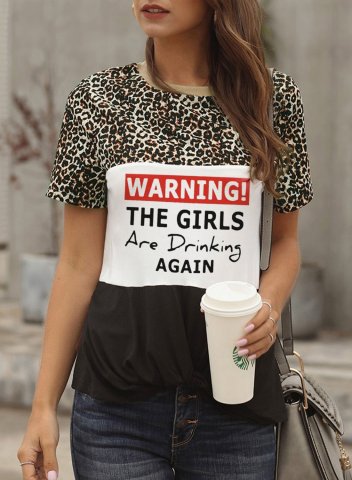 Women's Warning The Girls Are Drinking Again T-shirts Casual Leopard Letter Color Block Round Neck Short Sleeve Daily T-shirts
