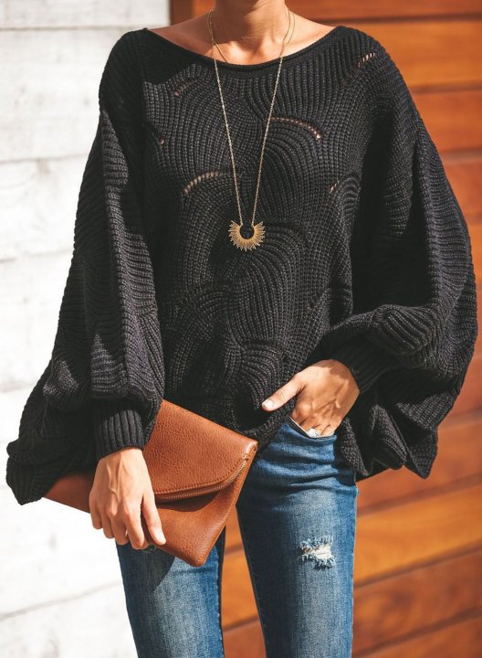 Women's Sweaters Wave Hem Long Batwing Sleeve Hollow Out Elegant Sweaters