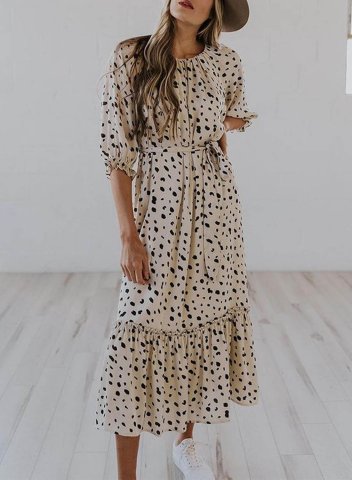 Women's Midi Dresses Polka Dot Ruffle Knot Half Sleeve Round Neck Dress