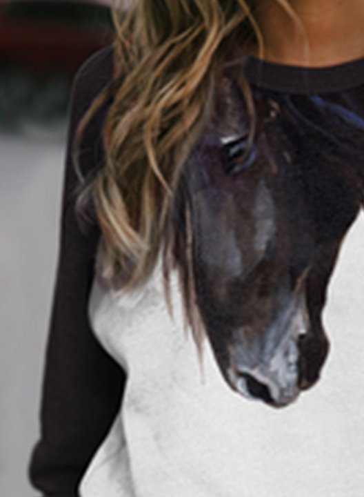 Women's Pullovers Casual Horse Color Block Round Neck Long Sleeve Daily Pullovers