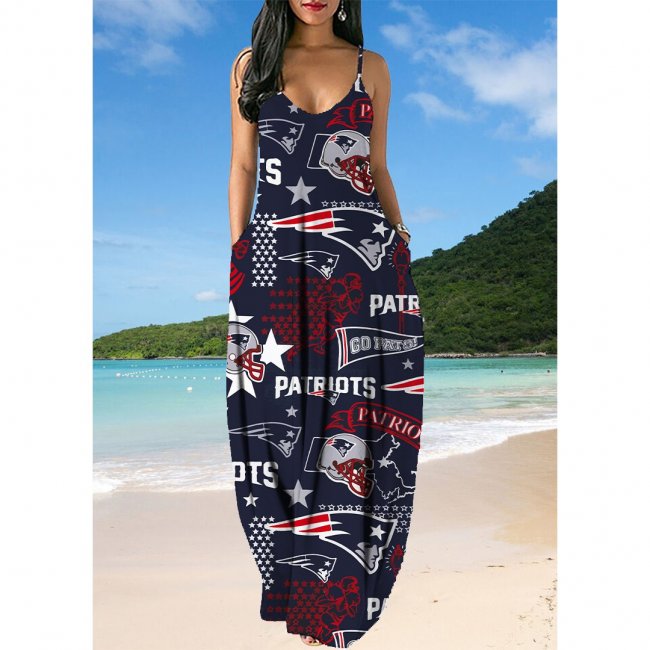 Small V-neck New England Patriot Sleeveless Sling Long Loose Dress