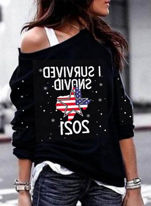 Women's Sweatshirt Flag Letter Print Long Sleeve Cold Shoulder Pullover