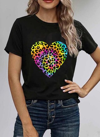 Women's Heart Print T-shirts Color-block Short Sleeve Round Neck Daily Black T-shirt