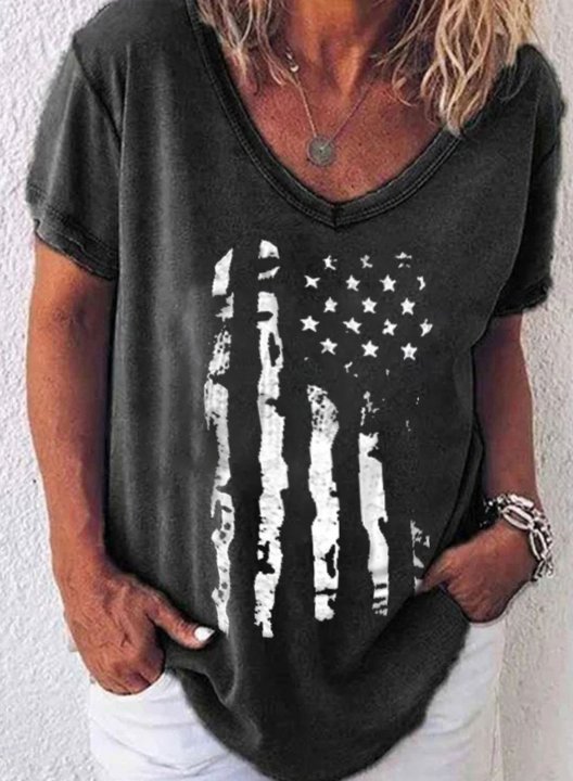 Women's American Flag T-shirts Short Sleeve V Neck Casual Daily T-shirts