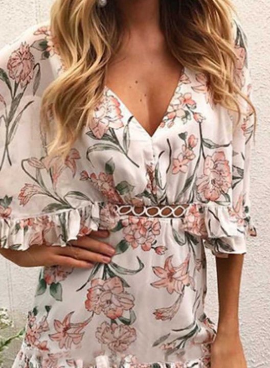 Women's Mini Dresses Fashion Color Block Floral 3/4 Sleeve Bodycon V Neck Ruffle Cut-out Dress