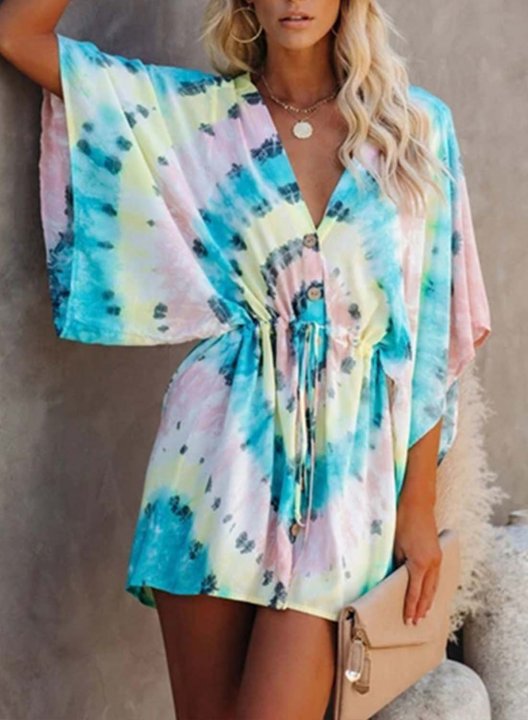 Women's Mini Dresses Knot Drawstring Shift Multicolor Tiedye Half Sleeve V Neck Daily Casual Mini Dress