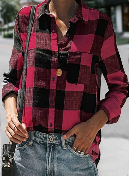 Women's Shirts Plaid Color Block Casual Turn Down Collar Long Sleeve Basic Shirts