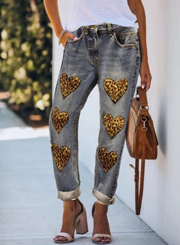 Women's Jeans Low Rise Leopard Heart Print Straight Casual Jeans