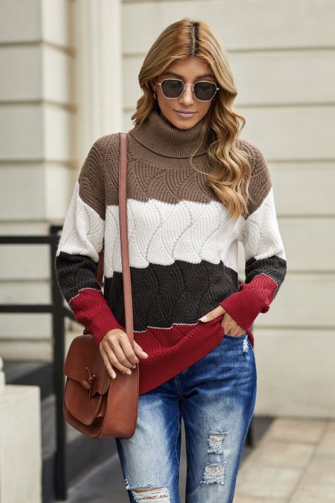 Women's Sweaters Turtle Neck Color Block Fluffy Twist Sweaters