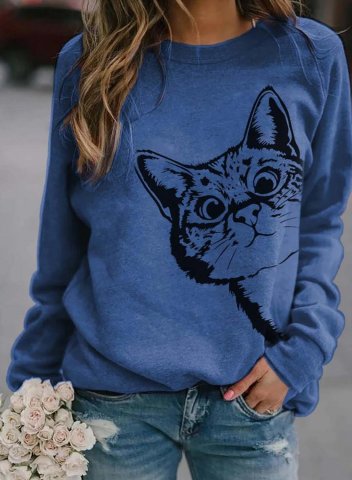 Solid Cat Print Round Neck Long Sleeve Sweatshirt