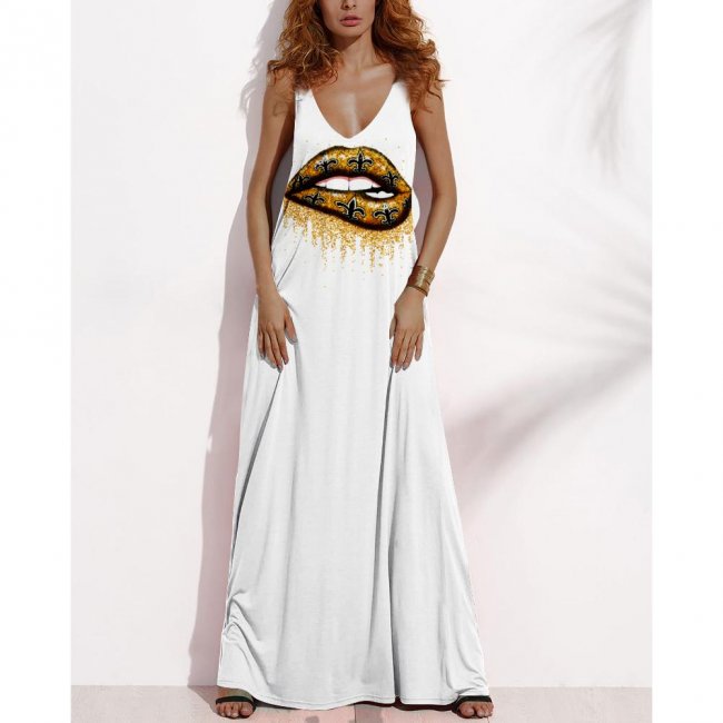 Women's Summer NEW ORLEANS SAINTS Fan Print V-neck Sleeveless Loose Long A-line Dress