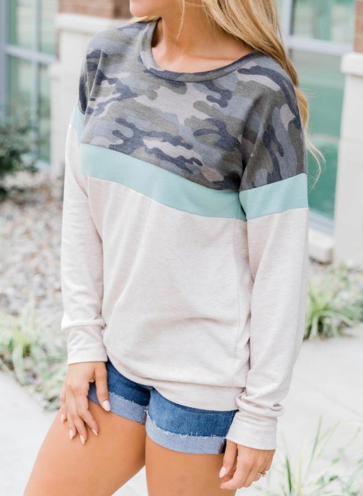 Camouflage/Color Block Long Sleeve Round Neck Basic Sweatshirt