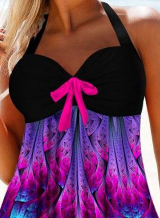 Women's Tankinis Color Block Knot Mid Waist Padded Halter Vacation Tankini Set