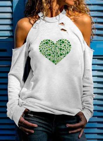 Women's St Patricks Shirts Solid Heart-shaped Long Sleeve Stand Neck Cold Shoulder Daily T-shirt