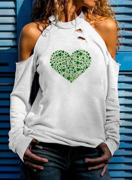 Women's St Patricks Shirts Solid Heart-shaped Long Sleeve Stand Neck Cold Shoulder Daily T-shirt