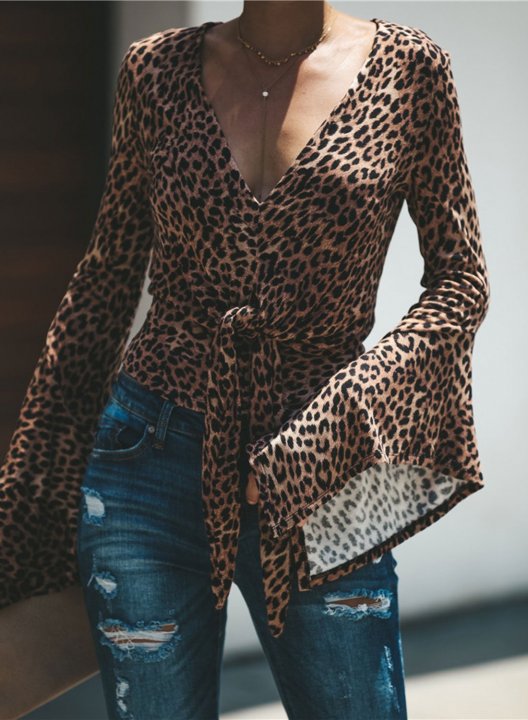 Women's Blouse Leopard V Neck Long Sleeve Knot Daily Casual Blouse