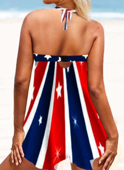 Women's Tankini Sets Star Striped American Flag Print Padded Knot High Waist V Neck Halter Swim Dress