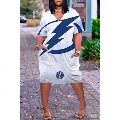 Tampa Bay Lightning Print Fashion Casual V Neck Short Sleeve Dress