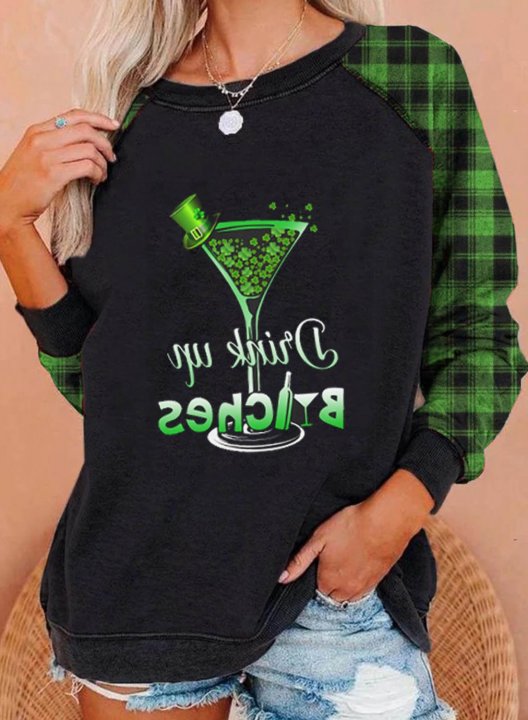 Women's Funny St Patrick's Day Sweatshirts Plaid Drink up Bitches Print Long Sleeve Round Neck Sweatshirt