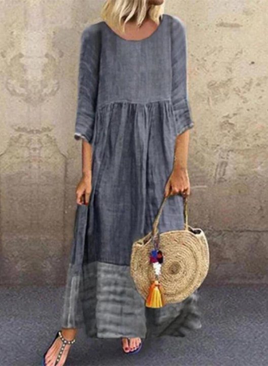 Women's Maxi Dresses Solid Color Block 3/4 Sleeve A-line Round Neck Casual Boho Maxi Dress