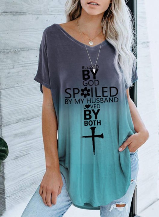 Women's Tunic Tops Floral Letter Color Block V Neck Short Sleeve Daily Casual Tunics